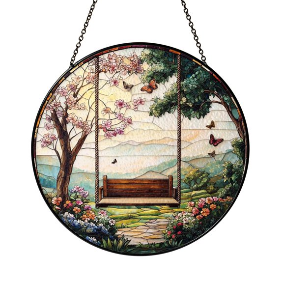 Round Garden Swing Stained Glass Style Window Decor