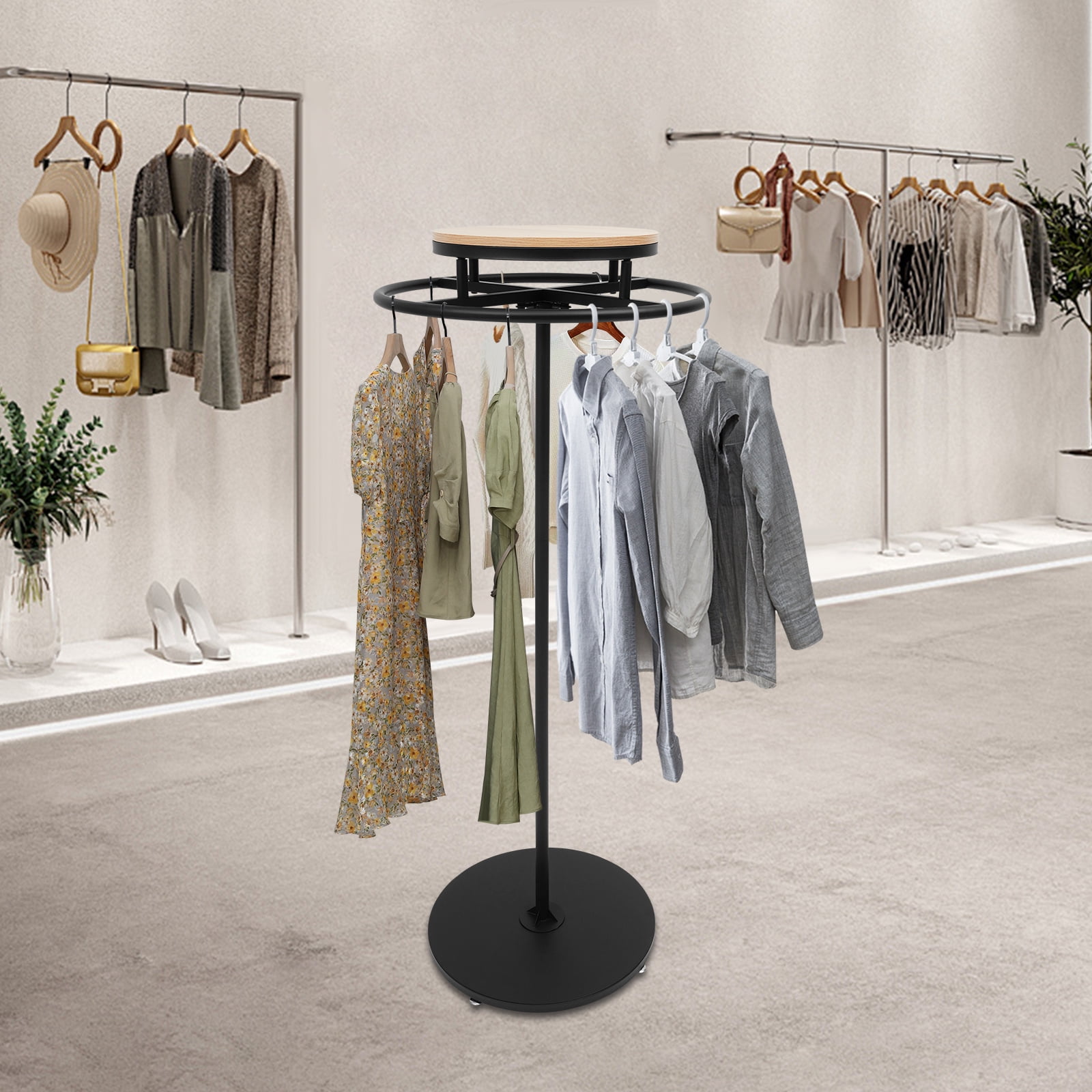 Round Garment Rack, 360° Rotatable Clothing Rack with Wheels and Topper ...