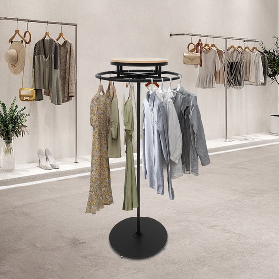 Round Garment Rack, 360° Rotatable Clothing Rack with Wheels and Topper, Floor Standing Retail Clothing Rack for Bedrooms Boutiques Commercial Shop (Black, Log Color)