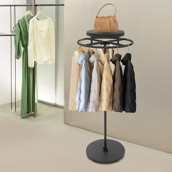 Round Garment Rack, 360° Rotatable Clothing Rack with Wheels and Topper, Floor Standing Retail Clothing Rack for Bedrooms Boutiques Commercial Shop (Black)