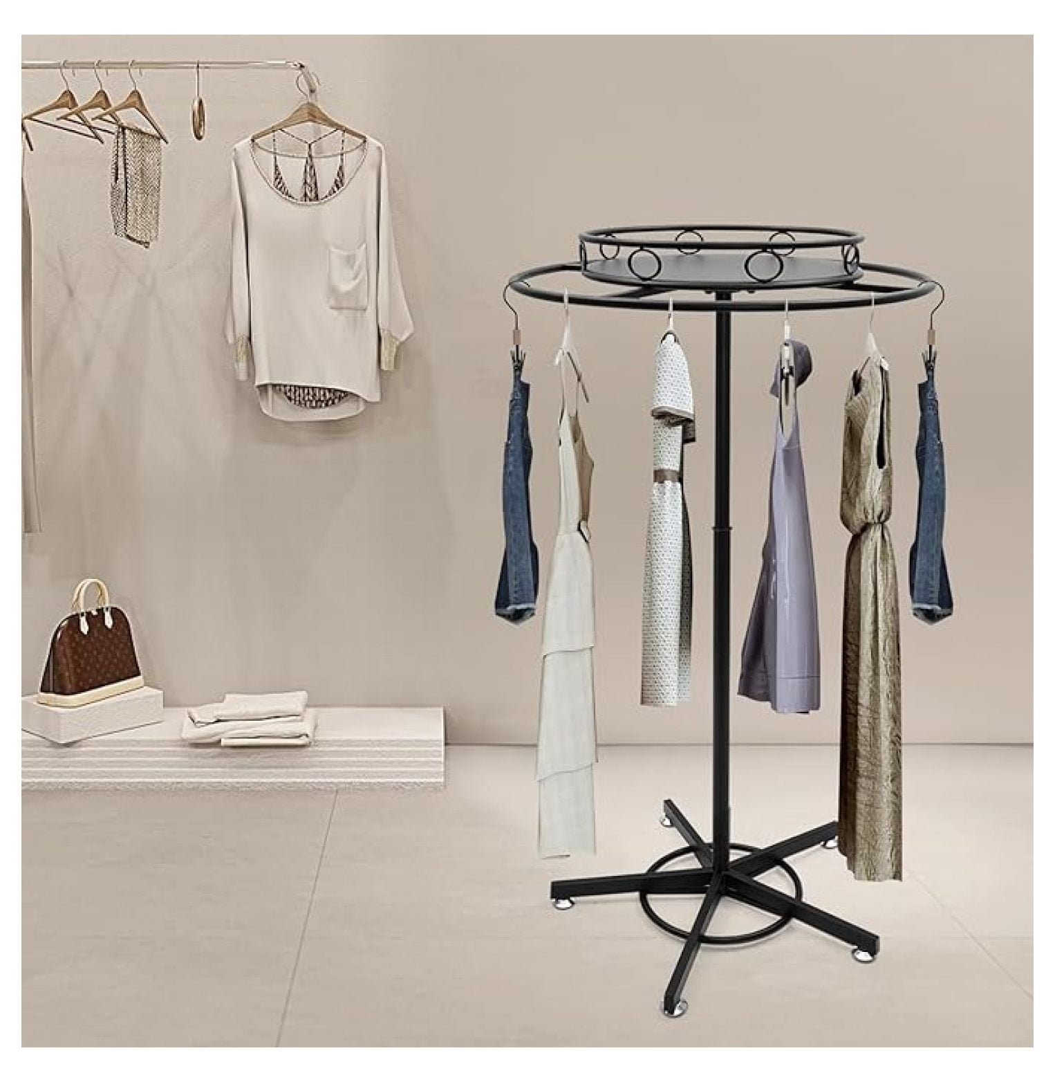Round Garment Rack Floor Standing Rotating Clothes Hanging Rack with ...