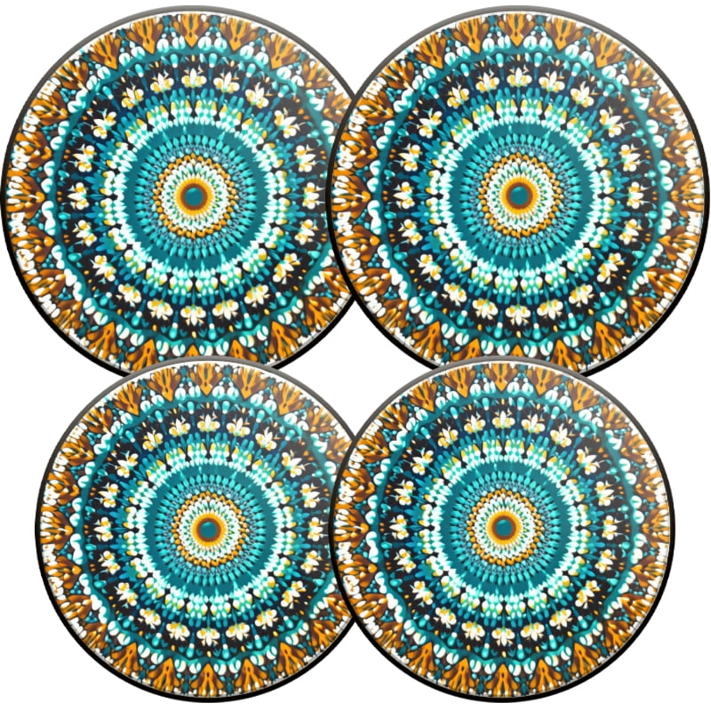 Round Gas Stove Burner Covers, Teal and Orange Mandala in Woven Style Gas Stove Burner Covers Set of 4 for Dining Room Cooktop Decorative, Kitchen Decor, 8 Inches and 10 Inches