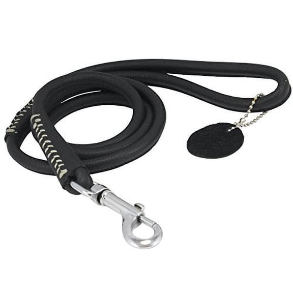 Round Genuine Rolled Leather Dog Leash 4' Long 1/2" Wide Black for Medium Breeds