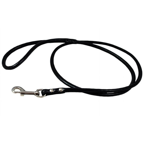 Round Genuine Rolled Leather Dog Leash 52" Long 3/8" Wide Black for Medium Breeds