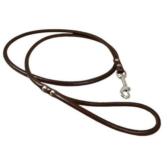 Round Genuine Rolled Leather Dog Leash 52" Long 3/8" Wide Brown for Medium Breeds