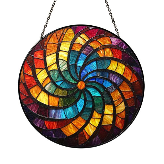 Round Geometric Concentric Circles Window Hanging, Stained Glass Style Art for Creative Home Styling