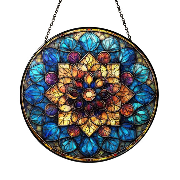 Round Geometric Mandala Stained Glass Window Hanging Featuring Blue White Patterns and Balanced Sacred Geometry Art