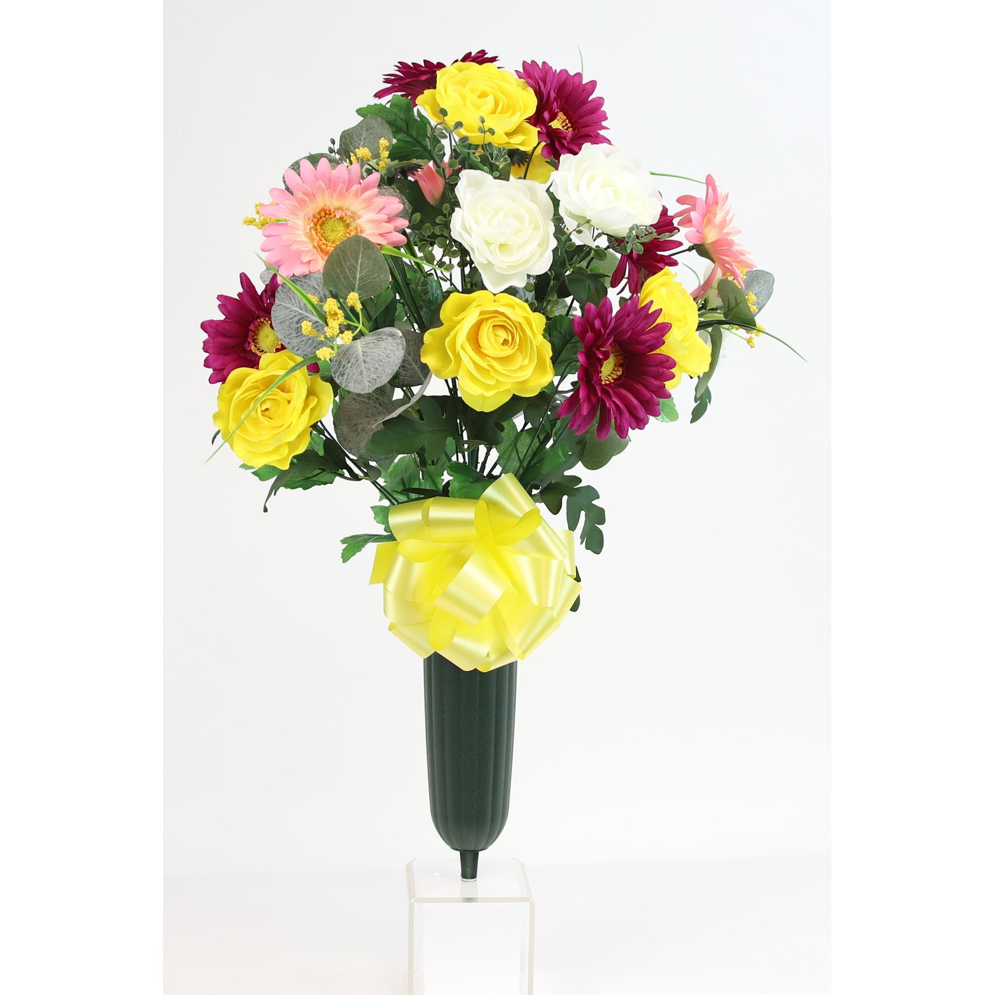 Round Gerbera & Ranunculus X24 Cemetery Vase - N/A Yellow, Burgandy, Pink, White