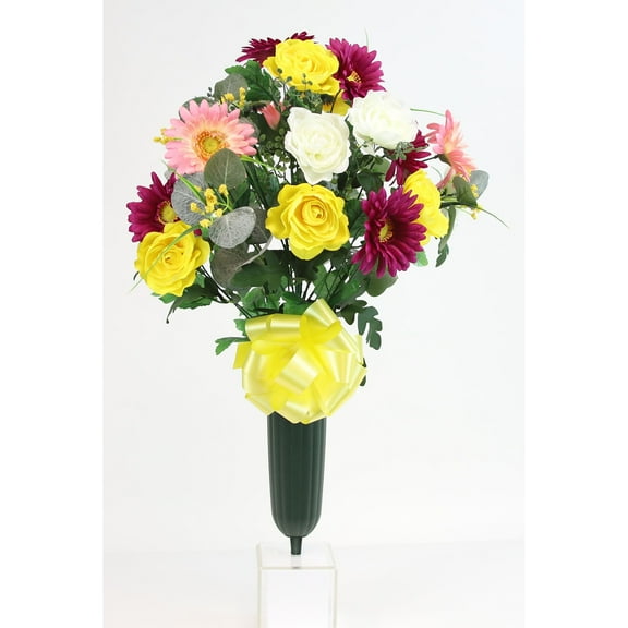 Round Gerbera & Ranunculus X24 Cemetery Vase - N/A Yellow, Burgandy, Pink, White