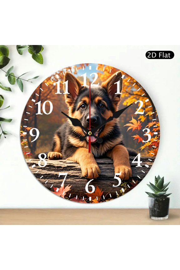 Round German Shepherd Dog Wall Clock, Autumn Leaves Pattern Decorative Silent Digital Clock, 10x10 Inch, Battery Not Included, 1pc
