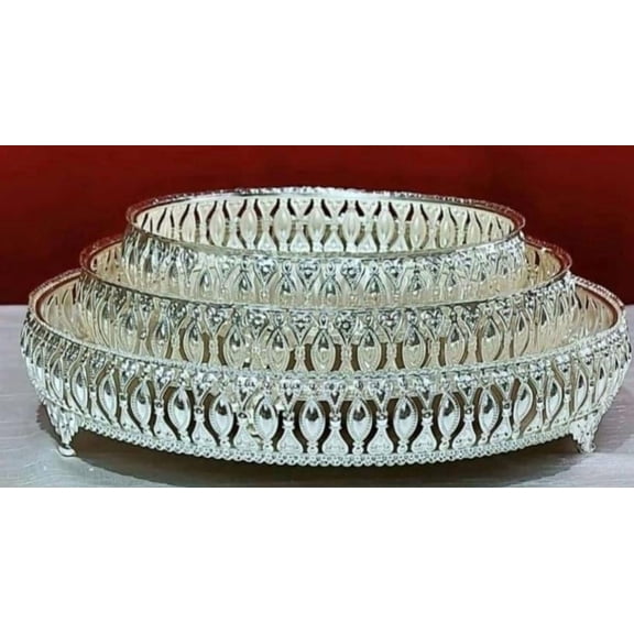 Round German Silver Tray Set of 3| Silver Plated | German Silver Tray with Feet.