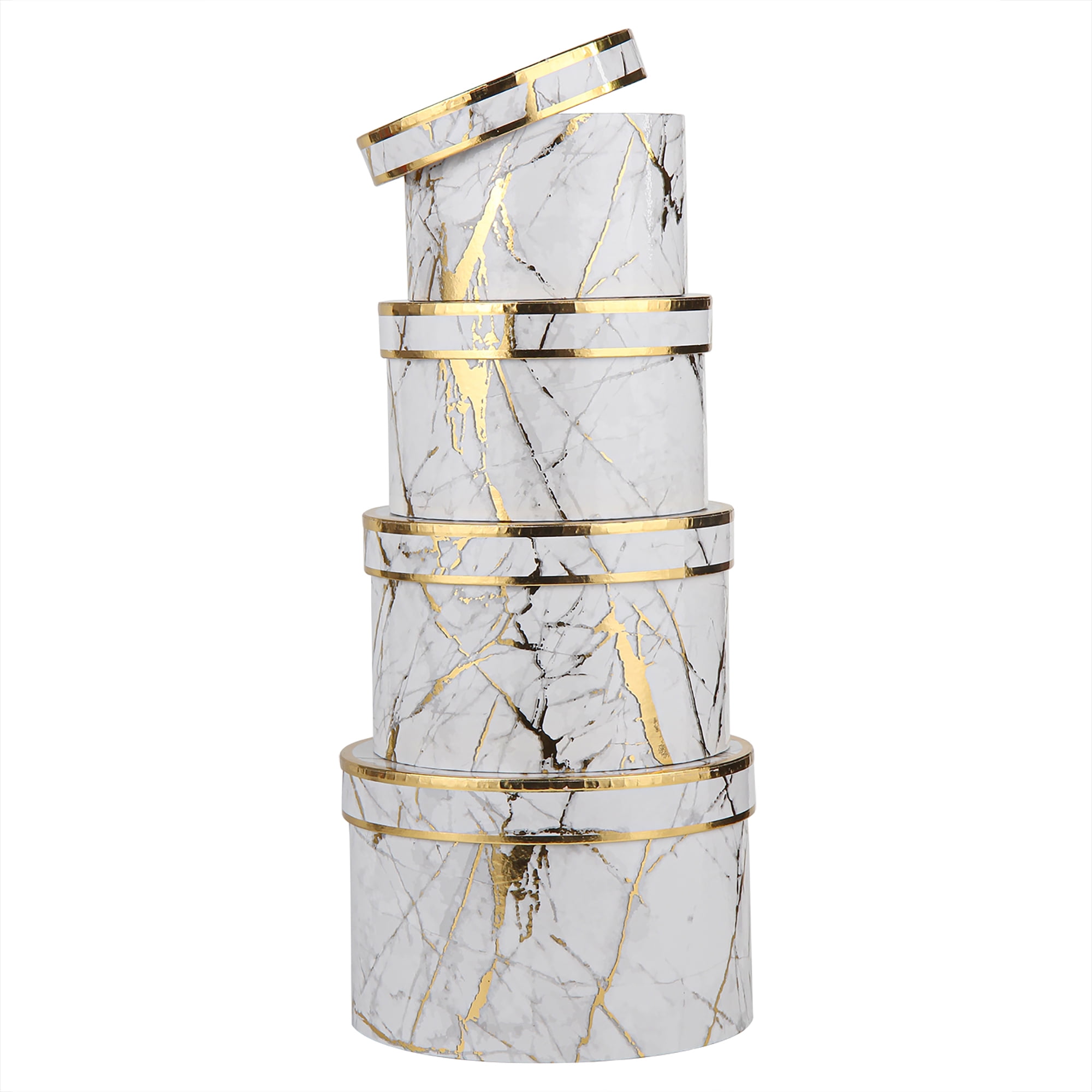 Round Gift Boxes with Lids Set of 4 Gold and White Marble Color Nesting