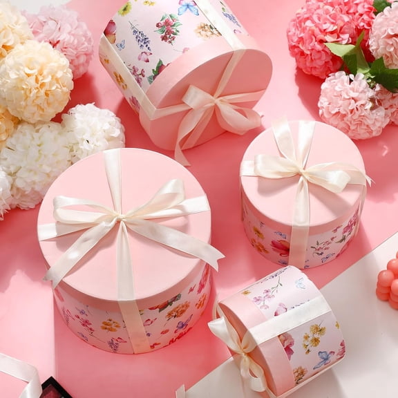 Round Gift Boxes with Lids and Ribbons for Arrangements, Nesting for Birthday Wedding Valentines Mother's Day Decoration