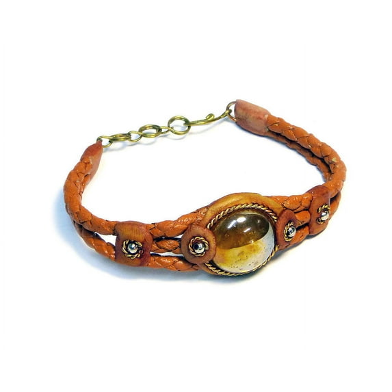 Round Glass Bead Cat's Eye Cabochon Braided Dyed Leather Bracelet - Womens Fashion Handmade Jewelry Boho Accessories