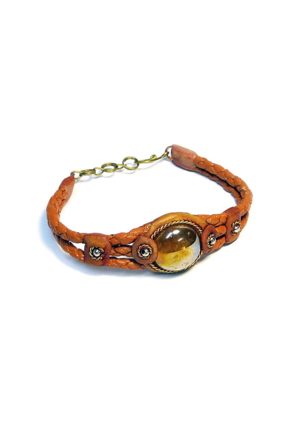 Round Glass Bead Cat's Eye Cabochon Braided Dyed Leather Bracelet - Womens Fashion Handmade Jewelry Boho Accessories