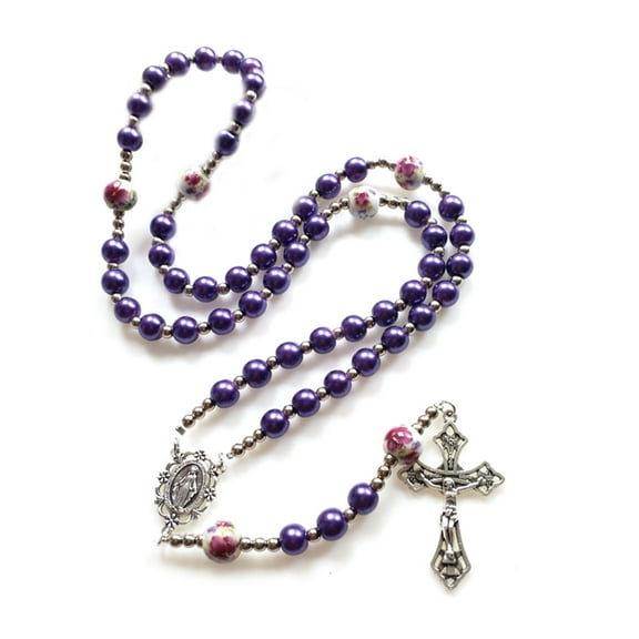 Round Glass Beads Rosary Necklace Mary Jesus for Cross Pendant Religious Necklaces for Men Women Jewelry Charm Gift