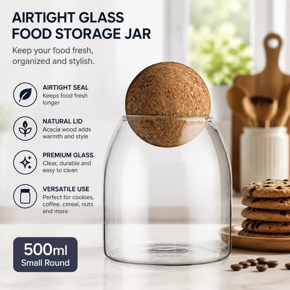 Round Glass Candy Jar with Spherical Cork Lid - 500ml (17oz) Clear Sweet Treat Container for Kitchen and Party Storage