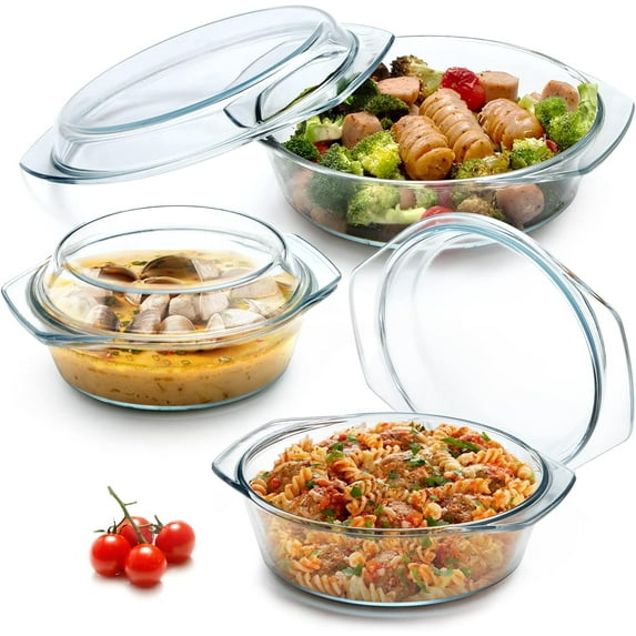Round Glass Casserole Dish Set, Casseroles Cookware with Glass Lid, Casserole Dish With Lid(Set of 3-0.65L+1L+1.4L)