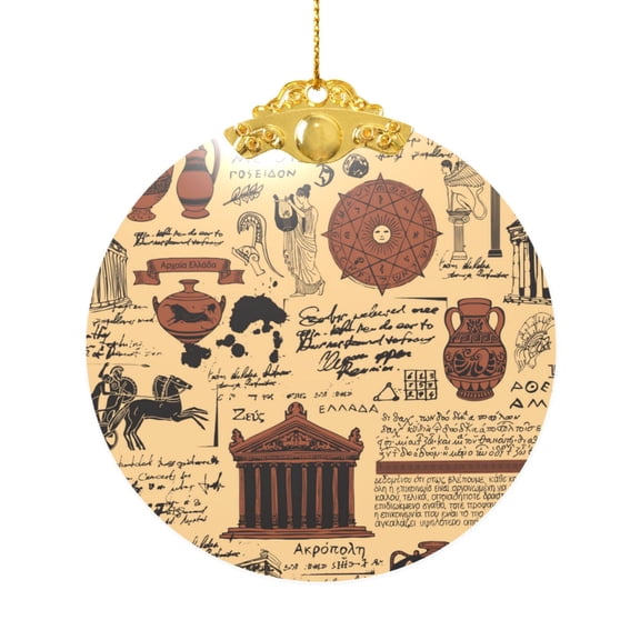 Round Glass Christmas Ornament Holiday Hanging Decor for Tree, Home, Gift, Ancient Greece Vintage Acropolis