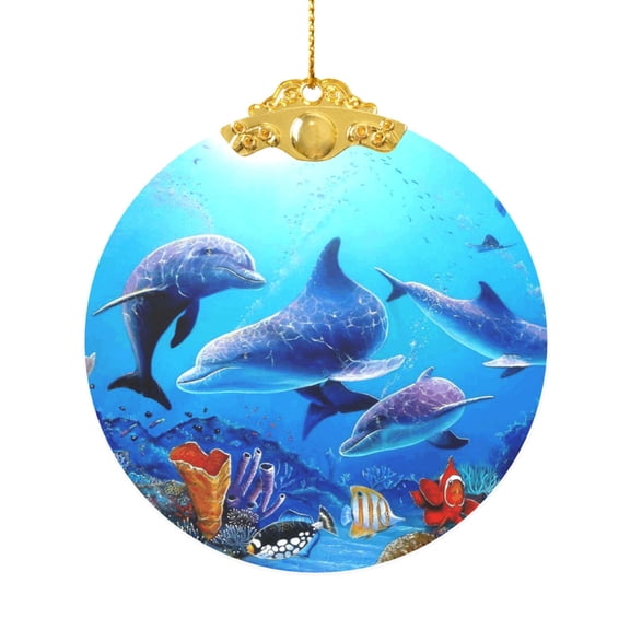 Round Glass Christmas Ornament Holiday Hanging Decor for Tree, Home, Gift, Dolphins Rainbow Dolphin
