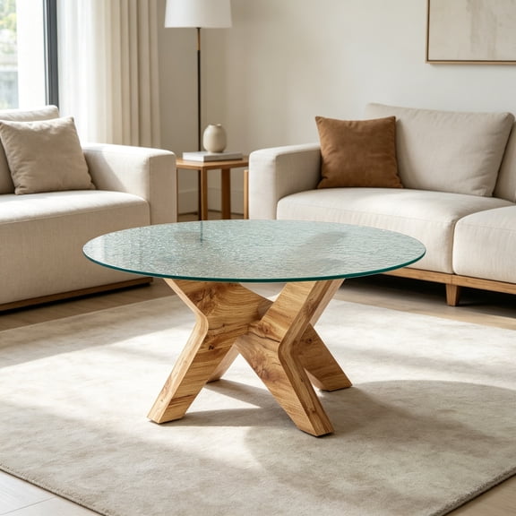 Round Glass Coffee Table, 31.5" Modern Small Center Table with Water Ripple Tempered Glass and MDF Legs for Living Room, Home Office, Tree (Natural)