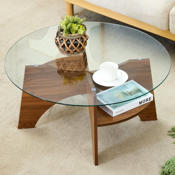 Round Glass Coffee Table 31.5 inch, Walnut Grain MDF Legs, Fan-Shaped Pedestal Design