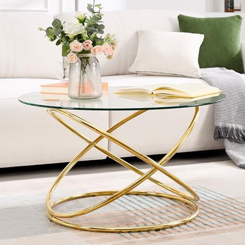 Round Glass Coffee Table, Gold Coffee Table for Living Room, Round Gold Glass Coffee Table with Chrome Finish Oval Frame, Modern Circle Coffee Table for Home Furniture$$Furniture