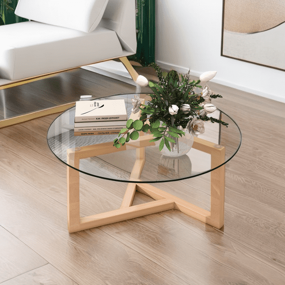 Round Glass Coffee Table Modern Cocktail Table Easy Assembly with Tempered Glass Top & Sturdy Wood Base