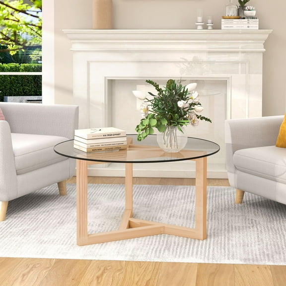 Round Glass Coffee Table,Modern Side Table Tea Table with Wood Base for Living Room Office,Natural