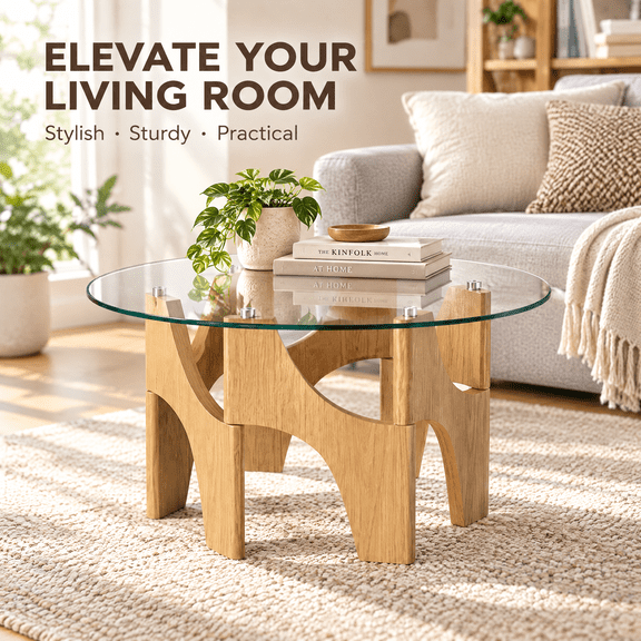 Round Glass Coffee Table with Natural Wood Cross Base, 29.5" Modern Center Table, Holds up to 99 lbs, Easy Assembly, Holiday Christmas Gift for Living Room, Bedroom