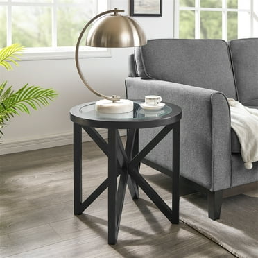 Round Glass Coffee Table Small Coffee Table with Tempered Glass Top Wood Tripod For Living Room Dining Room Reception Office