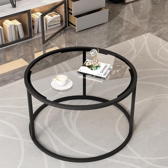 Round Glass Coffee Table for Living Room,Minimalist Modern Center Table with Metal Frame for Small Space,Easy Assembly,27 x 27In