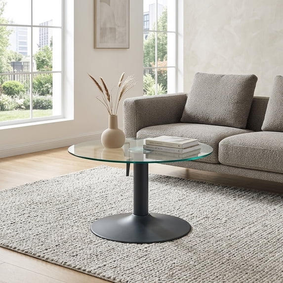 Round Glass Coffee Table with Black Metal Base - Modern Light Luxury Style