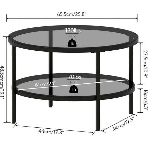 Round Glass Coffee Table with Storage, 2-Tier Modern Center Accent Table for Living Room Small Space Bedroom