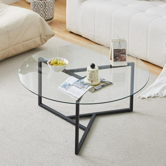 Round Glass Coffee Table with Sturdy Iron Legs,Circle Coffee Table Modern Minimalist Design for Living Room, Office, 35.4-inch Diameter Clear Top