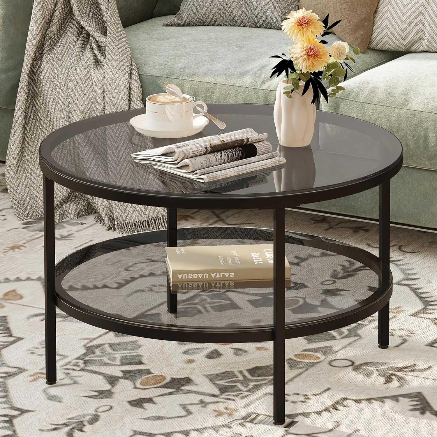 Round Glass Coffee Tables for Living Room, 2Tier Circle Coffee Table