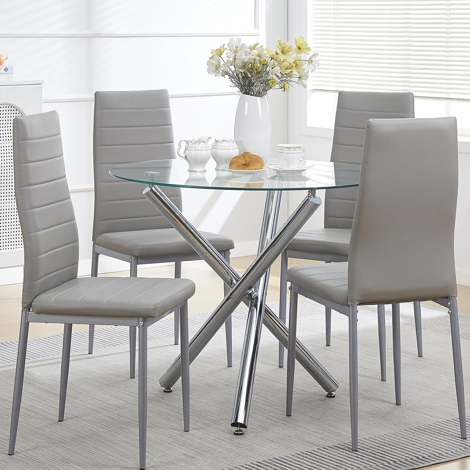 Round Glass Dining Room Set for 4 Modern Clear Silver Kitchen Table and ...