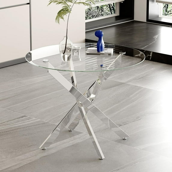 Round Glass Dining Table for 2-4, Modern Kitchen Table 36" Small Round Dining Table for Apartment Kitchen Dining Room, Glass Table Top with Silver Legs
