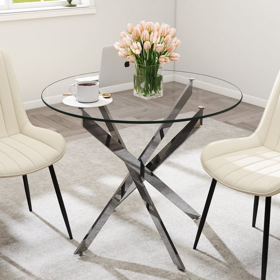 CTRYCLASIC Round Glass Dining Table, 35.4 Inch Modern Tempered Glass Kitchen Table with X‑Shaped Metal Legs, 350 LBS Load Bearing Dining Room Table, Gold & Chrome Finish Optional