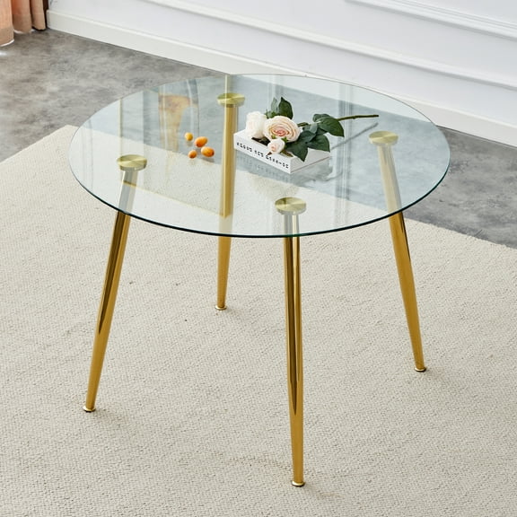 Round Glass Dining Table for 4,40 Inch Modern Circle Leisure Table with Gold Plated Metal Leg and Non-Slip Rubber Pads,Glass Top Dining Table for Home Office Kitchen Dining Room Small Spaces