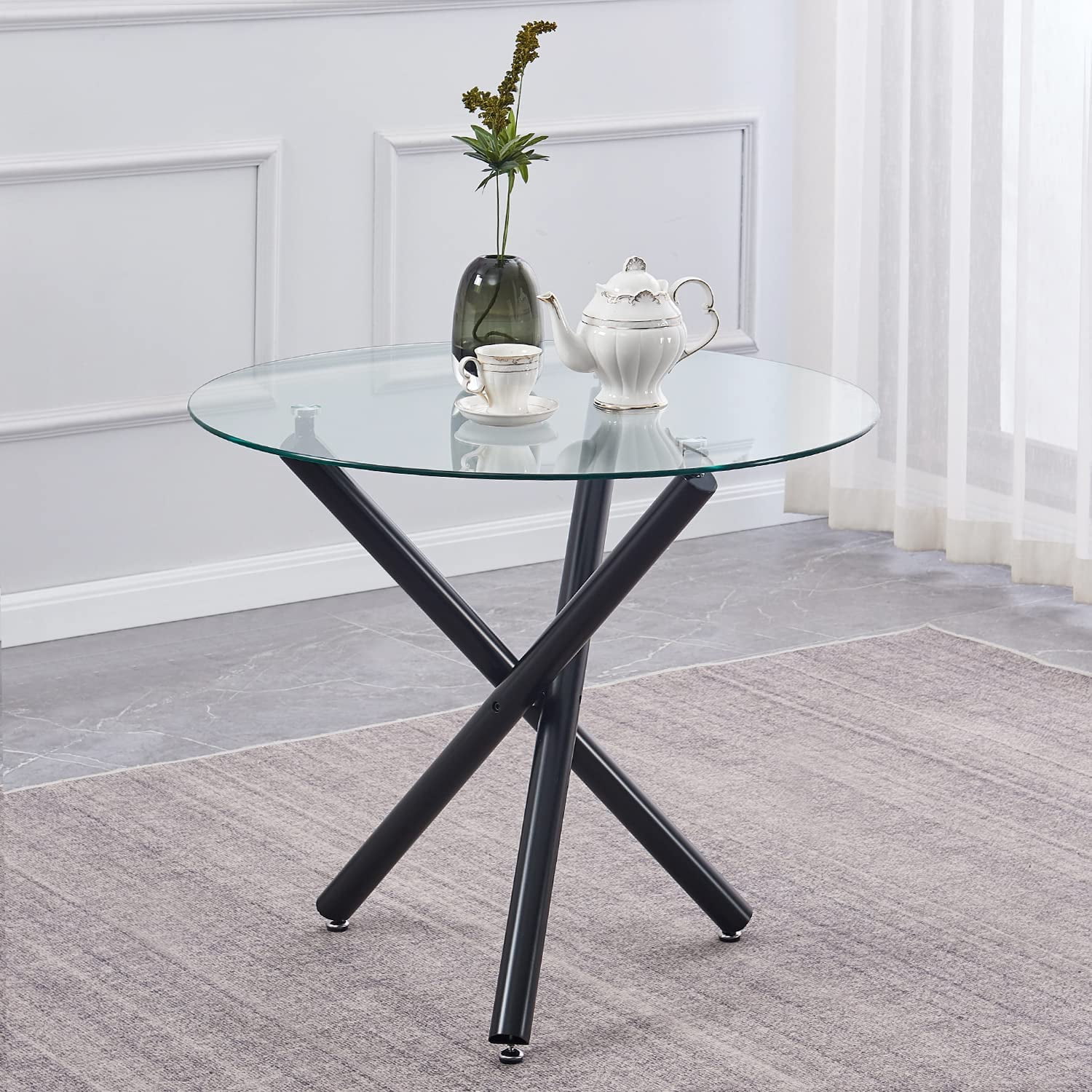 Round Glass Dining Table Black Kitchen Table with Tempered Glass Top and Black Legs,Round Glass ...