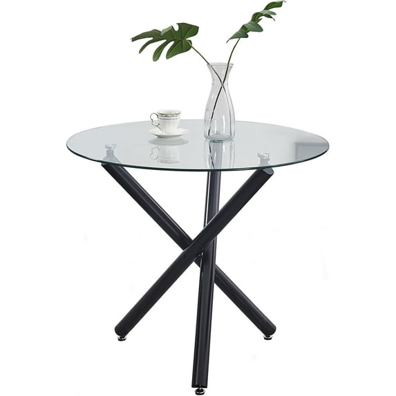 Round Glass Dining Table Black Kitchen Table with Black Legs,Round Kitchen Table for Restaurant/Dining Room 35.43" D x 35.43" W x 29.5" H