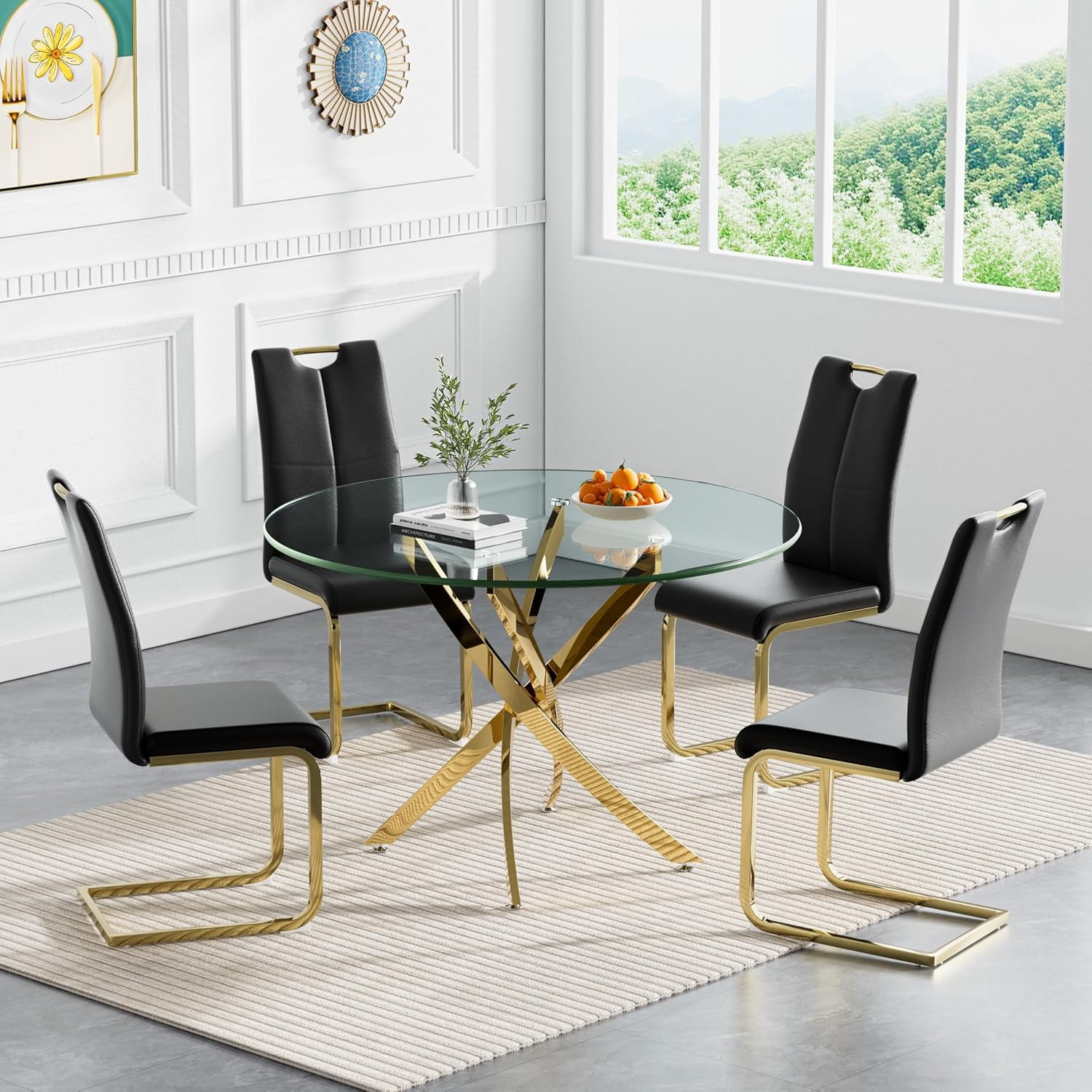 Round Glass Dining Table Set for 4, Modern 5-Piece Round Dining Table & Chair for 4, 36" Glass ...