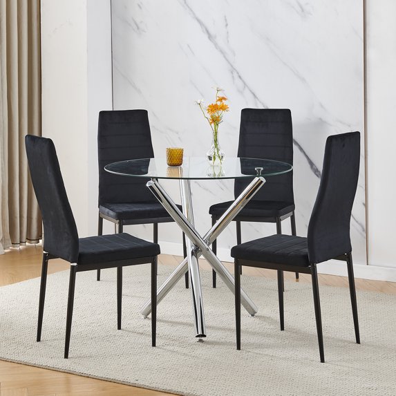 Round Glass Dining Table Set for 4,5-Piece Dining Room Set with High Back Velvet Chairs, Modern Dining Room Sets for Kitchen or Dining Room,Black