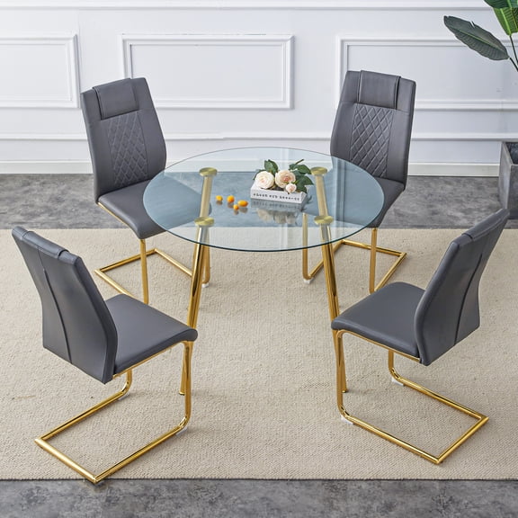 Round Glass Dining Table with Gold-Plated Metal Legs, 4 Black PU Cushion Chairs, Modern Luxury Table and Chair Set, 40-Inch