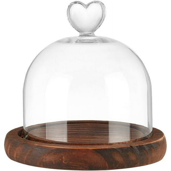 Round Glass Display Dome Cloche Mini Glass Cloche Dome Clear Bell Jar Cloche Plant Terrarium Decor with Wood Base 11.2cm×11.2cm for Flower Crafts Decorations Coconut Brown