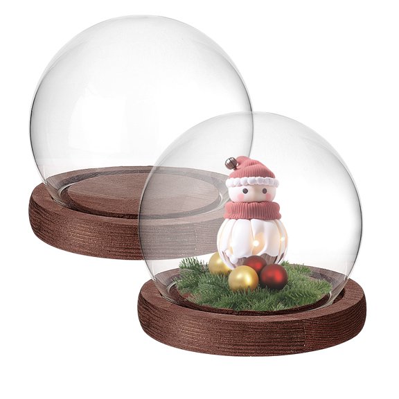 Round Glass Dome Cover Decorative Display Case Cloche Bell Jar Terrarium with Wood Base Coconut Brown 98x83mm
