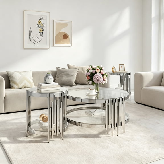 Round Glass End Table, 19.69" Modern Coffee Table Living Room Table with Irregular Stainless Steel Legs, Sofa Side Table Clear Top for Home Apartment Office, Silver