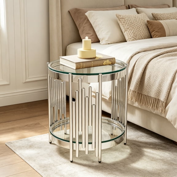 Round Glass End Table, 19" Modern 2-Tier Side Table with Clear Tempered Glass Top and Silver Stainless Steel Base for Living Room or Bedroom
