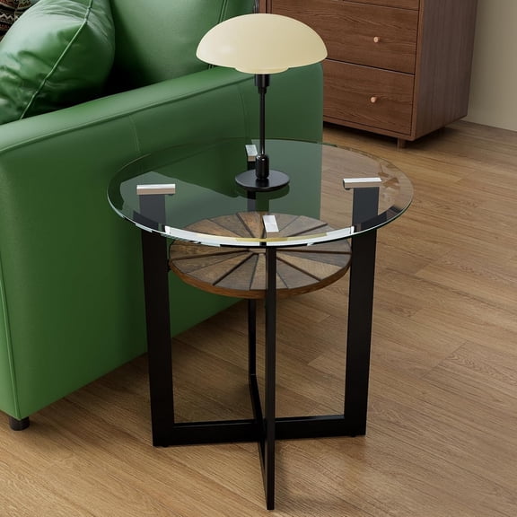 Round Glass End Table for Living Room, 23.8" Dia. x 24.4" H Modern Circle End Table with 8mm Thickened Tempered Glass, 2-Tier Side Table with Unique Wood Shelf, Black Metal Frame, CJZ-B2616